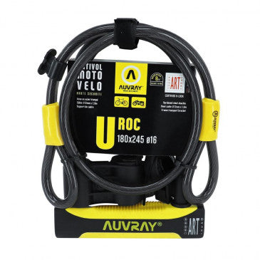 ANTIVOL VELO U AUVRAY U ROC 80x245 mm (DIAM 14 mm) SANS SUPPORT AVEC CABLE 1 M (DIAM 12 mm) NIVEAU SECURITE 8/10 - HOMOLOGUE FUB 2 ETOILES